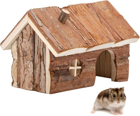 Hamster Wooden Hideout House - Natural Climbing Play Hut for Dwarf Hamster, Small Mouse, Rat, and Gerbil