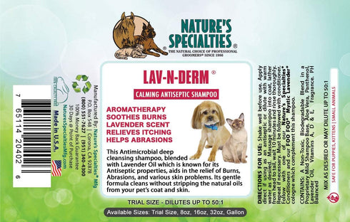 Nature's Specialties Lav-N-Derm Ultra Concentrated Calming Antiseptic Dog Shampoo for Pets, Natural Choice for Professional Groomers, Relieves Various Skin Problems, Made in USA, 16 oz