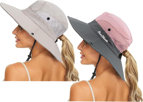 Women's Summer Sun-Hat - Ponytail Outdoor UV-Protection Mesh Wide Brim Foldable Hat with Ponytail Hole