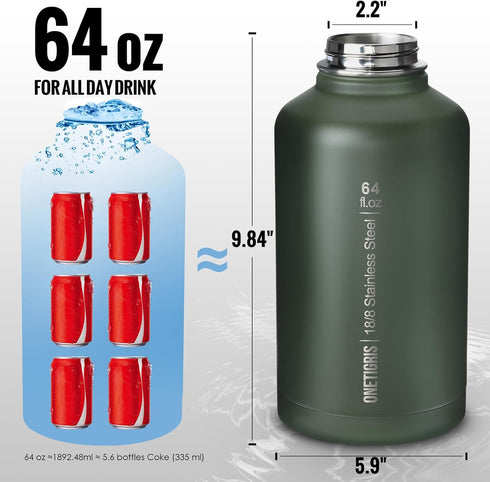OneTigris Tactical Water Bottle with Straw - 64 oz Vacuum Insulated Stainless Steel Jug with 3 Lids