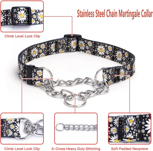 Martingale Dog Collar, Stainless Steel Chain No Pull Training Collar with Flower Design for Large Medium Small Dogs (S,