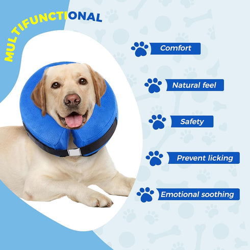 Inflatable Dog Cone Collar, Soft Adjustable Donut Elizabethan Neck Pillow for Large Dogs Recovery - Blue