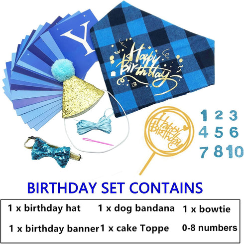 ADOGGYGO Dog Birthday Boy Bandana – Puppy 1st Birthday Party Supplies, Pet Party Hat Scarf Bowtie Banner Set for Small