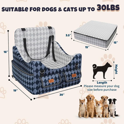 COZEER 35lbs, 4-Pocket Dog Car Seat for Small/Medium Dogs up to Storage Memory Foam Dog Booster Seat, Detachable