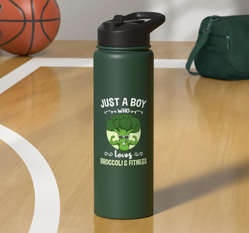 Just A Boy Who Loves Broccoli And Fitness Fitness Fanatic Stainless Steel Insulated Water Bottle with Broccoli Design