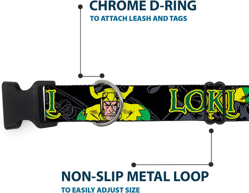 Dog Collar Plastic Clip Loki In Action, Black Gray Yellow Green, 11 to 17 Inches, 1.0 Inch Wide