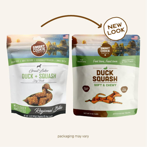 Smart Cookie All Natural Duck & Squash Dog Treats - Grain Free, Chewy, Human-Grade, 5oz Bag for Allergies