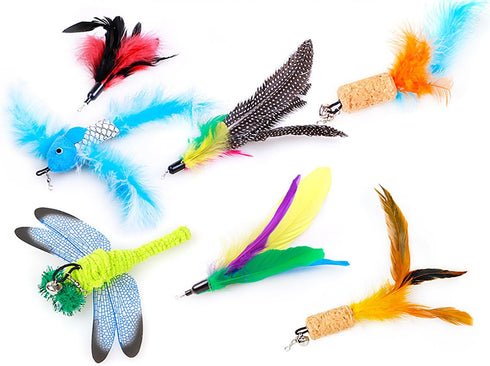 2 Pcs Cat Toys Interactive Refill Replacement Feather Pack, Furry Tail Butterfly Dragonfly Fish