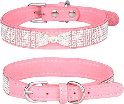 Rhinestone Dog Collar, Cute Dazzling Soft Suede Leather with Crystal Diamond for Small Dogs (S, Pink-2)