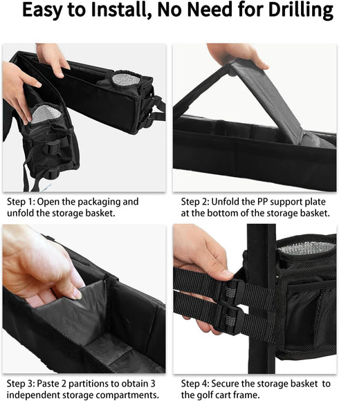No-Drilling Golf Cart Inner Front Storage Basket with 2 Insulated Cup Holders, Foldable Dash Tray Organizer