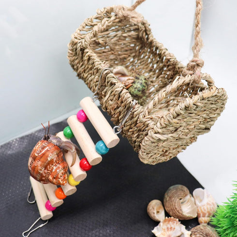 Neeenn Hermit Crab Hideout with Ladder, Wooden Hermit Crab Climbing Toys, Aquariums Ladder Bridge Ramp Toy, Small