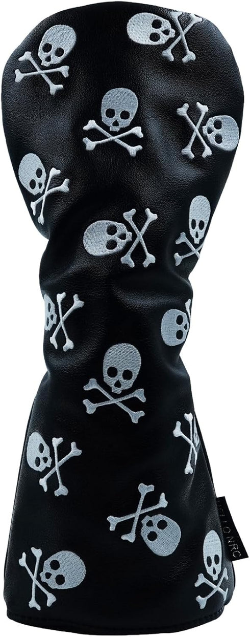 Skeleton Golf Club Headcover - Skull and Crossbones Driver, Fairway Wood, Hybrid PU Leather Headcover in White and Black
