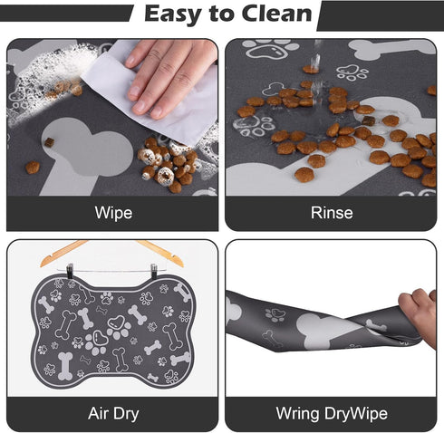 Dog Cat Food Mat - Rapid Absorbent Pet Feeding Mat, Bone Shaped Placemat with Rubber Backing, Dark Grey