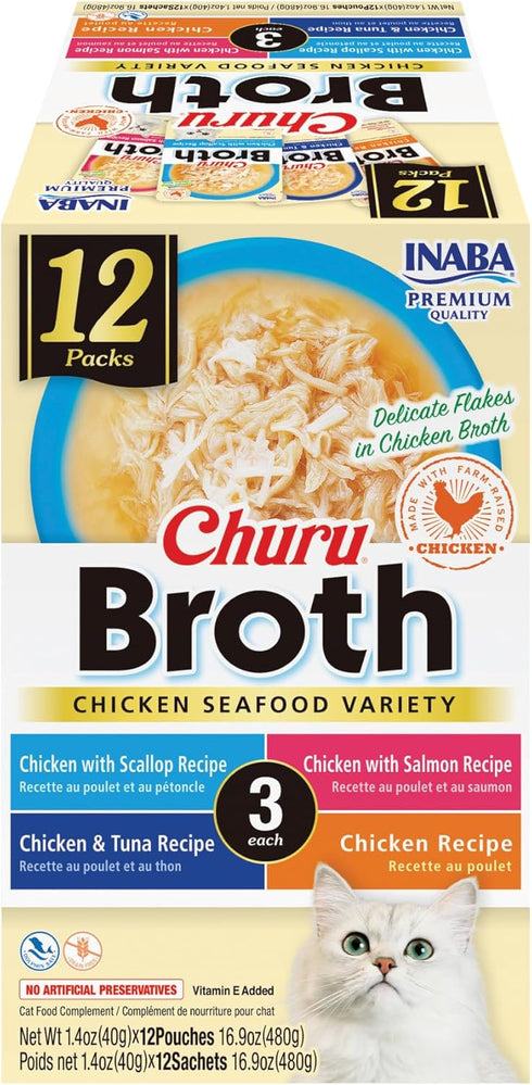 INABA Churu Broth for Cats, Creamy Broth with Shredded Chicken Side Dish Pouch, 1.4 Ounces, 12 Pouches (Chicken &