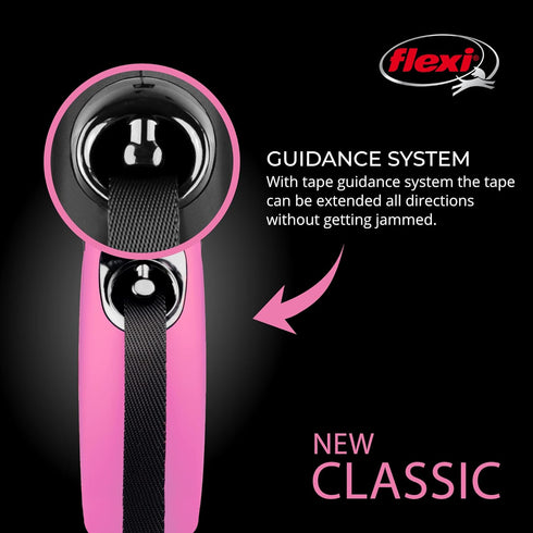 FLEXI New Classic 16 ft Retractable Dog Leash (Tape), Ergonomic, Durable, Tangle-Free for Medium Dogs, Pink