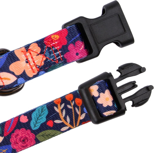 Rhea Rose Dog Collar for Small Dogs, Cute Floral Plant Pattern, Special Design for Female Pets (Black, S)