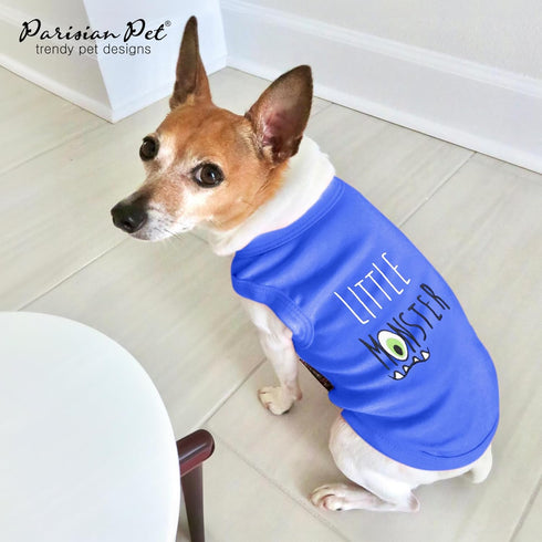Parisian Pet Dog Tshirt, Sleeveless Blue “Little Monster” Boy Dogs Apparel, Lightweight Pure Cotton Shirts for Medium