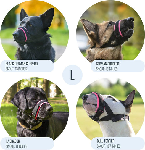 Gentle Muzzle Guard for Dogs (L, Pink) - Prevents Biting & Chewing Safely - Soft Neoprene Padding, Training Guide