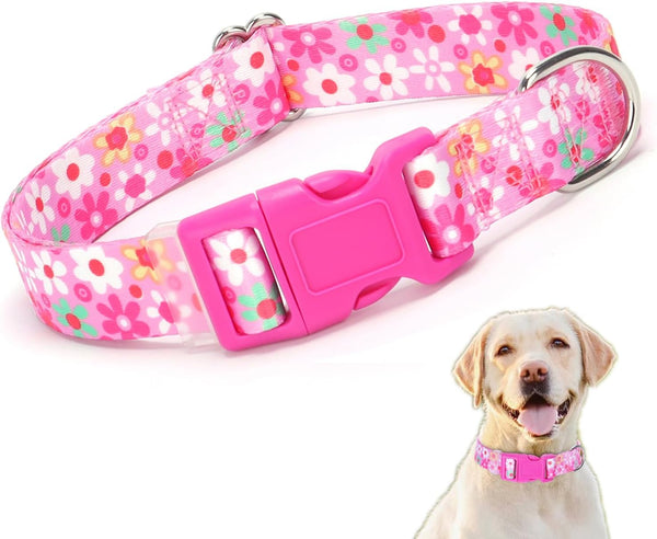 Cute Pink Dog Collar with Spring Flower Pattern, Soft Nylon Adjustable Quick Release Buckle for Medium Female Dogs