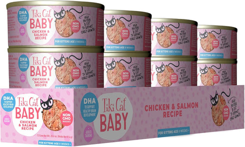 Tiki Cat Baby, Chicken & Salmon, High-Protein and 100% Non-GMO Ingredients, Wet Cat Food for Kittens 8 Weeks+, 2.4 oz. Cans (Pack of 12)