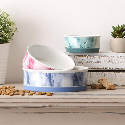 Bone Dry Ceramic Marble Non-Slip Pet Bowls for Dogs & Cats, Microwave & Dishwasher Safe, Medium Set, Blue