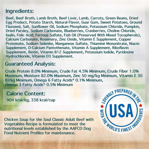 13 oz. (Pack 12) Chicken Soup for The Soul Classic Adult Wet Dog Food, Beef with Vegetables Recipe in Gravy, Cans