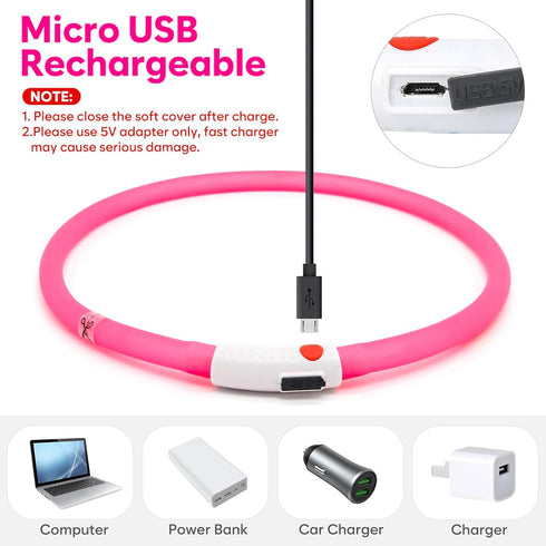 HIGO LED Dog Collar, Lightweight Silicone Light Up Dog Necklace, USB Rechargeable, Pink