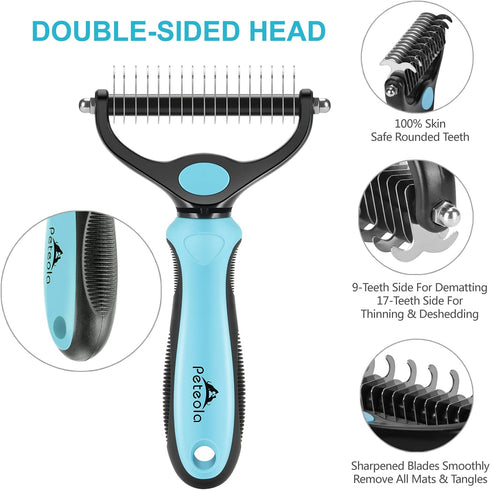 Pet Grooming Brush - 2 Sided Undercoat Rake for Deshedding and Detangling Fur for Cats and Dogs (Blue)