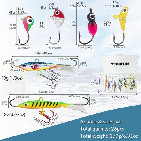 THKFISH Ice Fishing Lures and Jigs Kit, 14/26/40PCS, Walleye Crappie Panfish Pike Fishing Gear