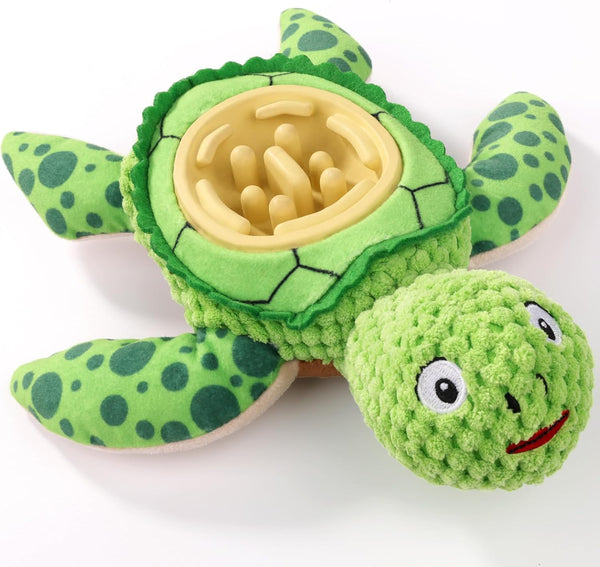 ZYBDP Interactive Dog Toy, Green Turtle Plush with Slow Feeder Bowl, Squeaky Chew
