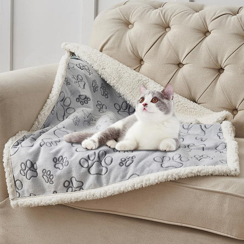 Qeils Dog Blankets for Small Dogs, Waterproof Washable Sherpa Fleece Puppy Blanket, 30"X40", Grey Paw Print