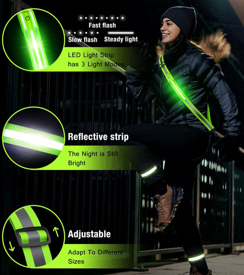 LED Reflective Running Gear, High Visibility Belt Sash with Armband for Night Walking, Adjustable Light Up Safety Gear