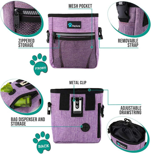 PetAmi Dog Treat Pouch - Training Bag Holder for Kibbles, Toys, and Poop Bags (Purple) - 3 Ways to Wear