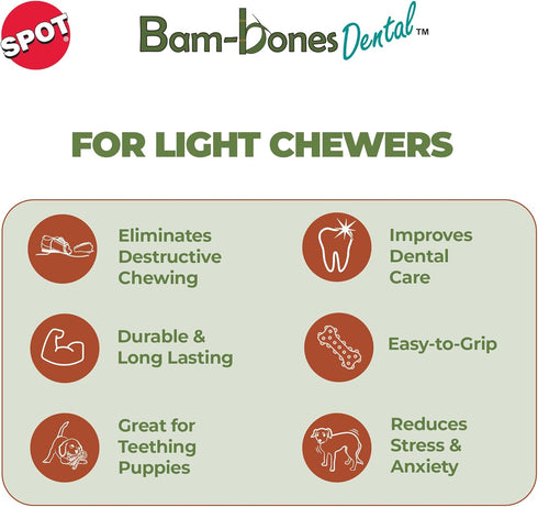 SPOT Bam-Bones Dental X-Bone, Made with Bamboo Fiber, Durable Oral Care Chew for Light Chewers, 6in