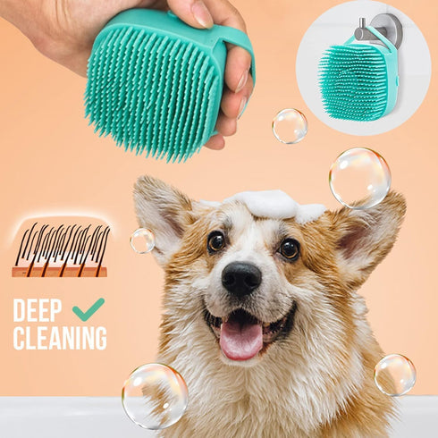 Soft Safe Silicone Pet Bathroom Massage Cleaning Grooming Tools Dog Cat Bath Brush with Shampoo Box (Blue), Small