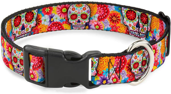 Buckle-Down Plastic Clip Collar - Sugar Skull Starburst White/Multi Color - 1.5" Wide - Fits Neck 13-18" - Small