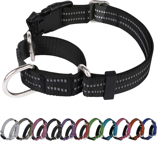 Martingale Dog Collar, Adjustable Nylon Reflective Collar with Quick Release Buckle, Black, Extra Large