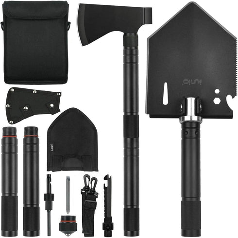 iunio Survival Shovel Axe Kit, Camping Multitool Folding Pickaxe with Hard Carrying Case for Outdoor Emergency