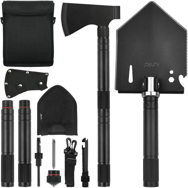 iunio Survival Shovel Axe Kit, Camping Multitool Folding Pickaxe with Hard Carrying Case for Outdoor Emergency