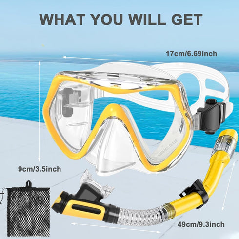 Otowaving Dry Snorkel Set for Adults, Panoramic View Snorkel Gear, Anti-Fog Tempered Glass Swim Mask, Snorkel Kit