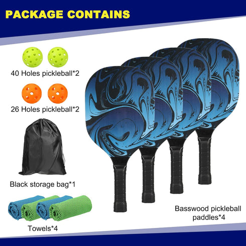 PATIKIL Pickleball Paddles Set of 4 with 4 Premium Wood Rackets, Cushion Grip, Balls, Towels, Carry Bag