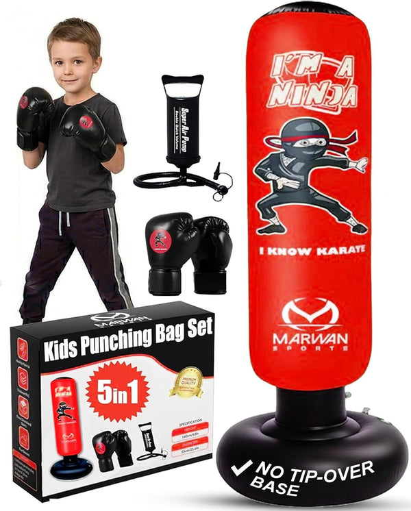 Marwan Sports 5-in-1 Kids Punching Bag Set with Gloves, Pump & Funnel