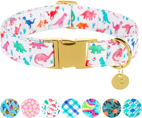 Dinosaur Summer Cotton Dog Collar with Metal Buckle, Gift Collar for Small Medium Large Dogs, Cute Durable Comfortable