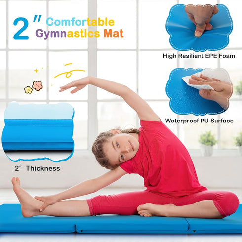6 2 2 Inches GYMAX Folding Gymnastics Mat, FT x FT x Exercise Mat w/Carrying Handles, Waterproof PU Leather, Hook