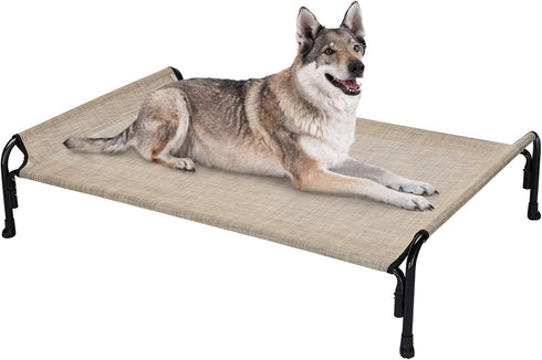 Veehoo Elevated Dog Bed, Outdoor Raised Cots for Large Dogs, Cooling Camping Bed with Slope Headrest, Washable, Beige