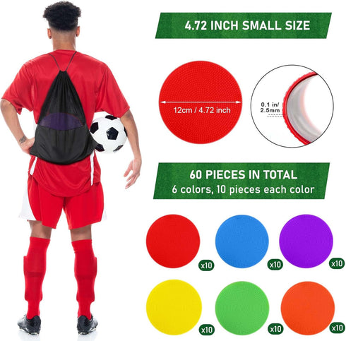 ZIECE 60 Pcs Poly Spot Markers Non-Slip Rubber Floor Dots for Gym, Flat Cones Agility Markers Poly Dots for Gym Floor
