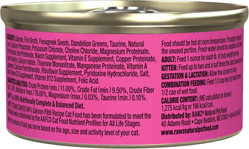 Rawz Natural Premium Pate Canned Cat Wet Food - Salmon, Made with Real Meat Ingredients No BPA or Gums - 3 oz Cans