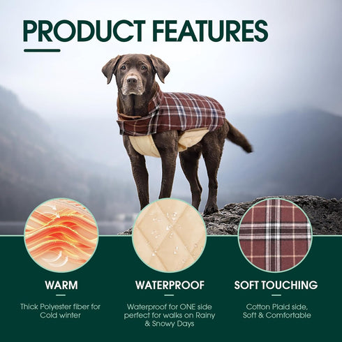 Kuoser Waterproof Dog Coat, Reversible Jacket for Large Dogs, Adjustable Winter Coat for Cold Weather, Brown L