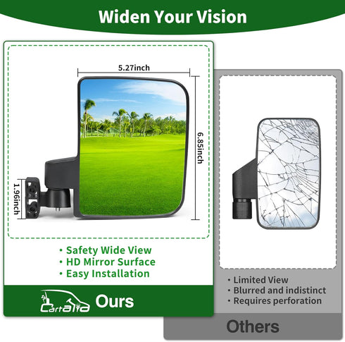 Golf Cart Side Mirrors - Universal Folding Rear View Mirror for 0.75"-1.25" Square Rail, Fits EZGO and Club Car