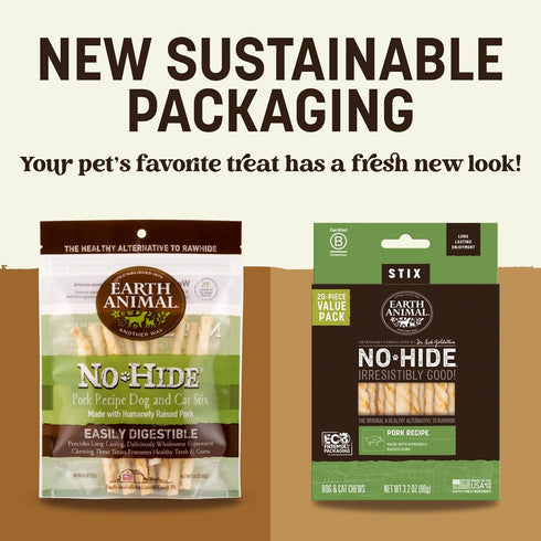 40 Count Pack Earth Animal No Hide Stix - Long Lasting Rawhide Free Small Dog Chews Sticks, Pork - Extra Value